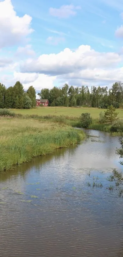 Peaceful countryside with stream and greenery under a soft sky.