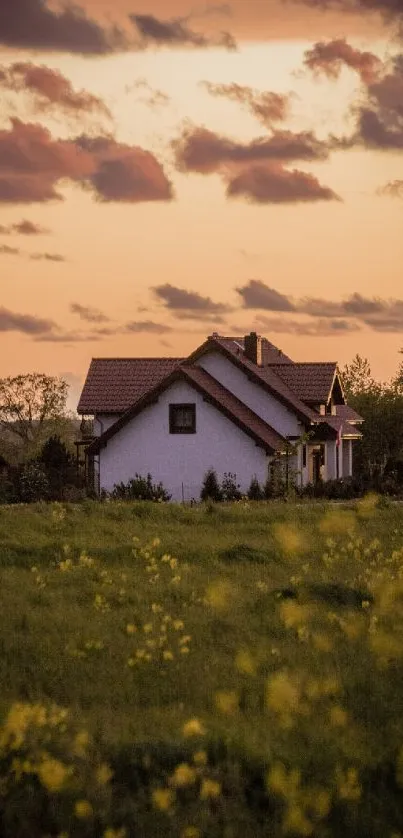 Countryside house under an orange sunset sky.