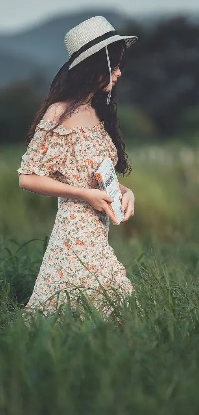 Woman in summer dress walking through green fields with mountains in background.