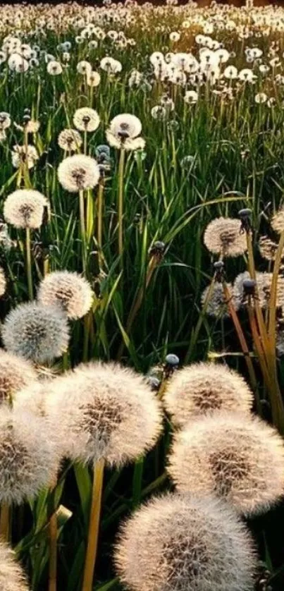 Dandelion field under sunset sky, creating a tranquil scene.