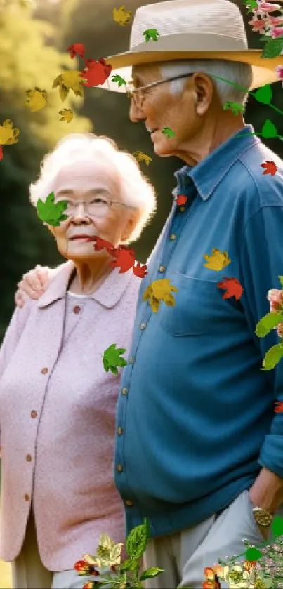 Elderly couple walking in sunlit floral garden.