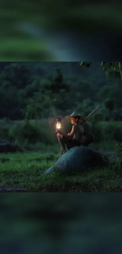 Child with lantern in tranquil evening forest, capturing nature's calm essence.