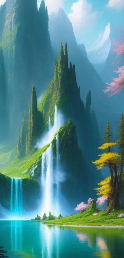 Fantasy mountains with waterfalls and cherry blossoms in a serene landscape.