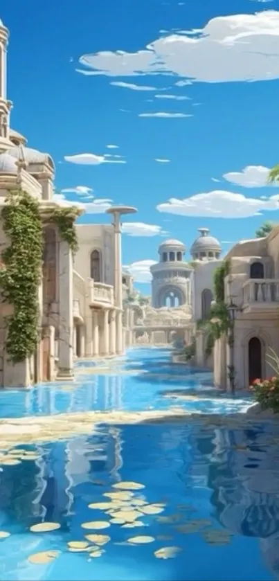 Fantasy cityscape with tranquil waters and lush scenery.