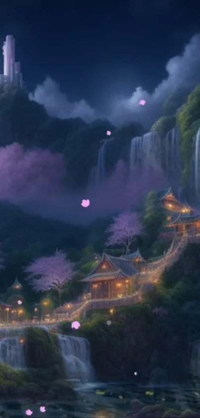 Fantasy landscape with waterfalls and villages under cherry blossoms.