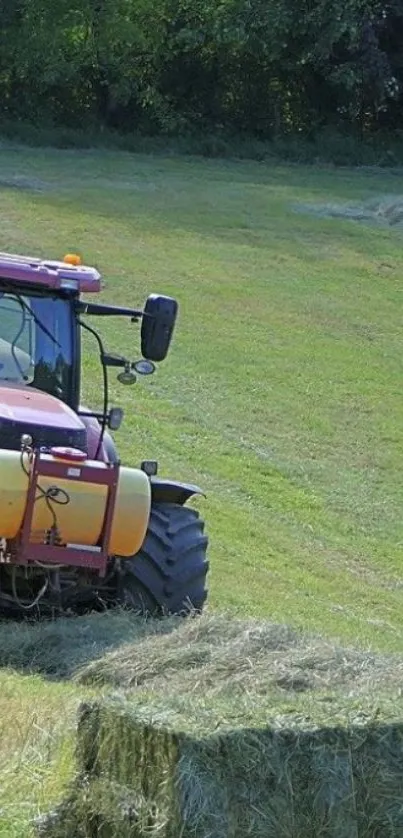 Tractor operating in a lush green field, capturing serene farm life.