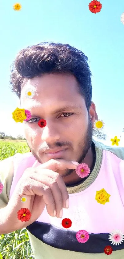 Portrait in sunlit field with serene background and blue sky.