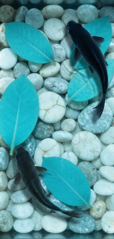 Koi fish swimming among pebbles and blue leaves in a serene setting.