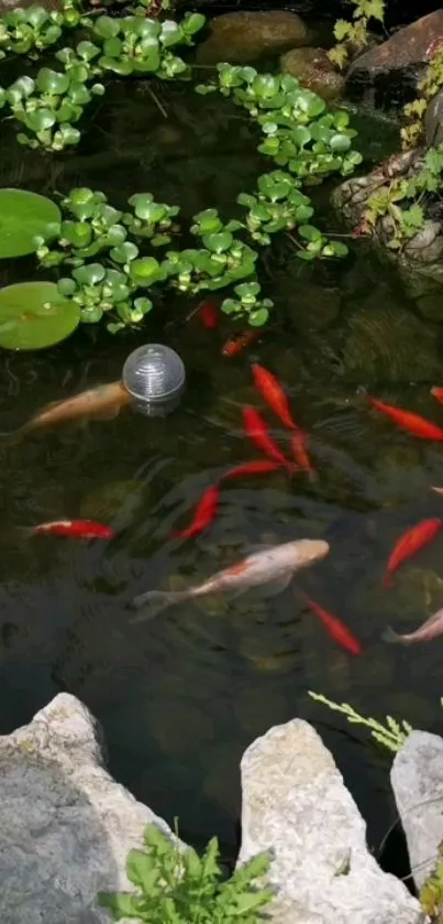 Vibrant koi fish swimming in a lush green pond with aquatic plants.