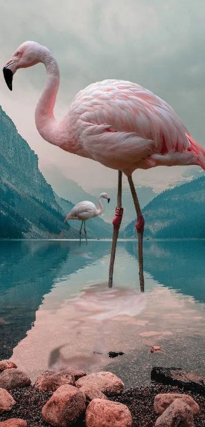 Flamingos standing in a serene lake with mountains in the background, perfect for mobiles.