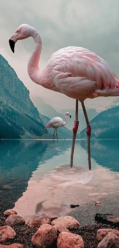 Flamingo standing by a reflective lake with mountains.