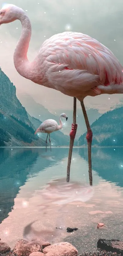 Flamingos in a serene lake with misty mountains and pink hues.