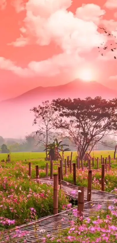 Tranquil sunset over a floral meadow with pink clouds and wooden path.