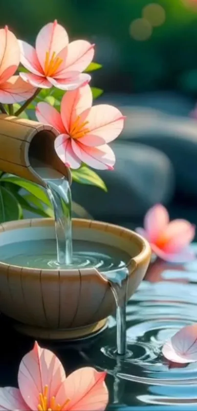 A serene mobile wallpaper with pink flowers and flowing water in a tranquil setting.