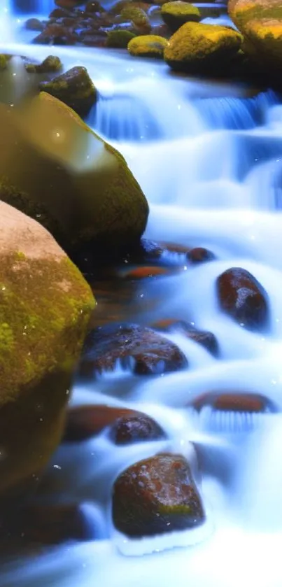 Serene mobile wallpaper of a flowing stream over mossy rocks.