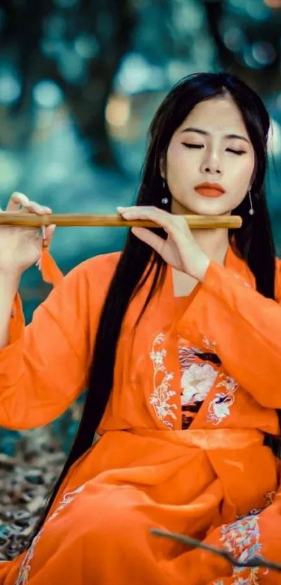 Woman in orange dress playing flute in a serene forest.