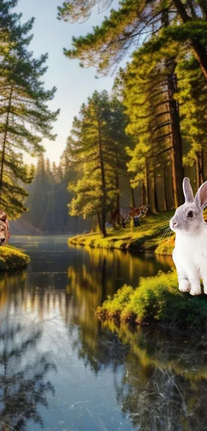 Forest with deer, rabbit, and bear by a serene lake.