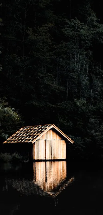 A wooden cabin reflects on a dark forest lake, creating a serene natural scene.