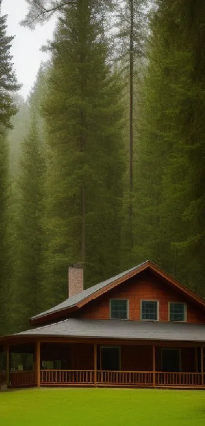 Rustic cabin surrounded by tall, green forest trees.