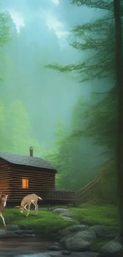 Forest cabin with grazing deer in serene, misty woodland setting.