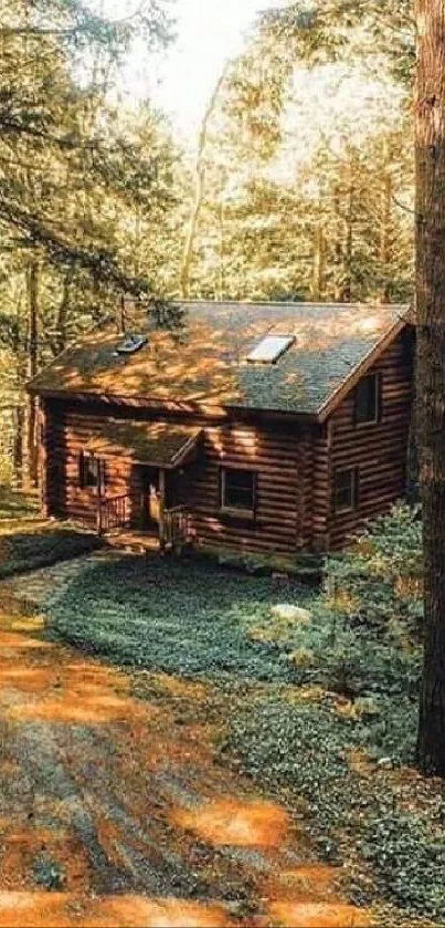 Log cabin nestled in a serene, green forest with sunlit trees.