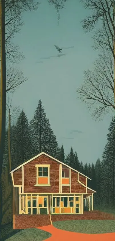 Mobile wallpaper featuring a cabin nestled in a tranquil forest with a lush tree backdrop.