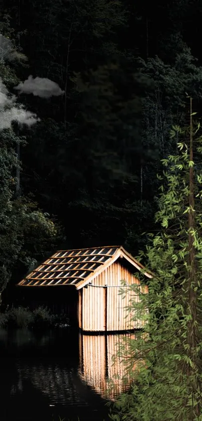 Forest cabin wallpaper with lake reflection and lush greenery.