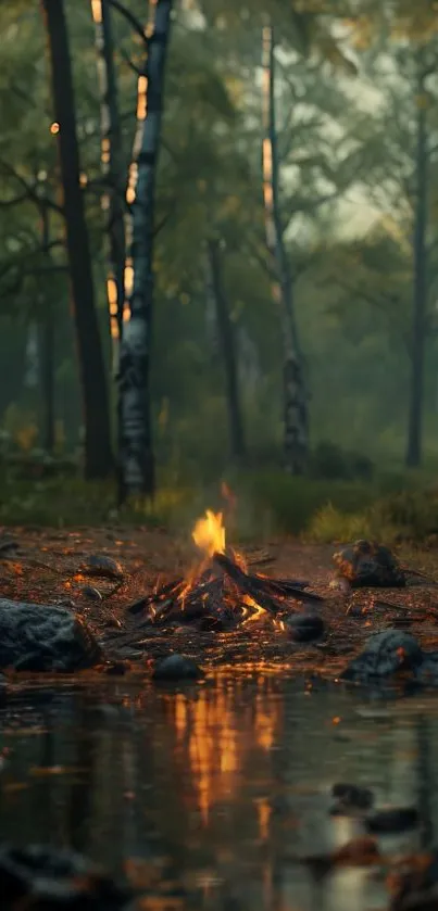 Calm forest with a small campfire and reflections in a tranquil pond.