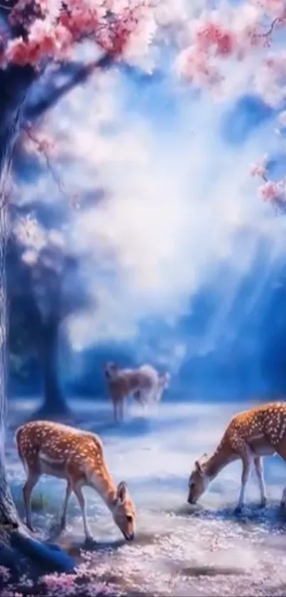 Deer grazing in a tranquil forest with blossoming trees.