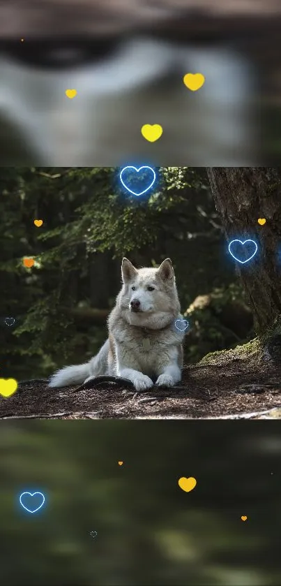 Wolf-like dog resting in forest with glowing hearts around.