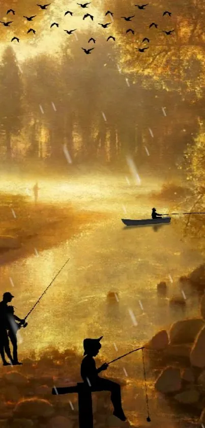 Serene forest scene with fishing silhouettes and golden light.