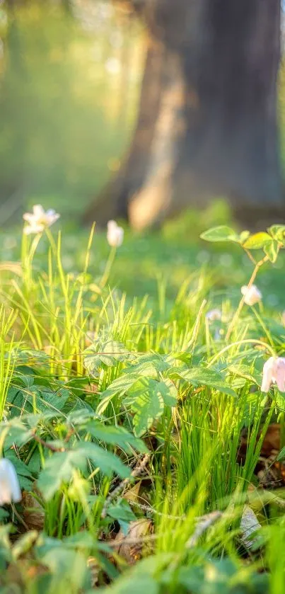 Serene forest with green foliage and delicate flowers in soft sunlight.