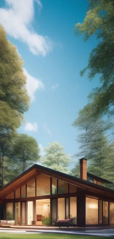 Serene wooden cabin amidst lush green forest and blue sky.