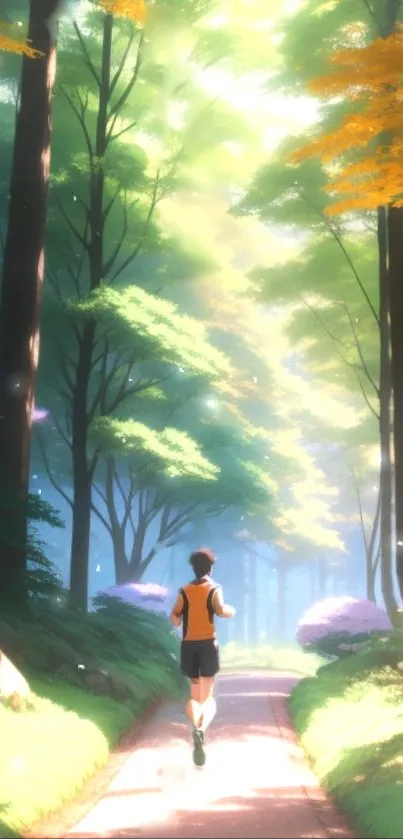 Jogger on a sunlit path in a vibrant forest animated artwork.