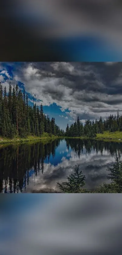 Serene forest lake with clear reflections and lush greenery under cloudy skies.