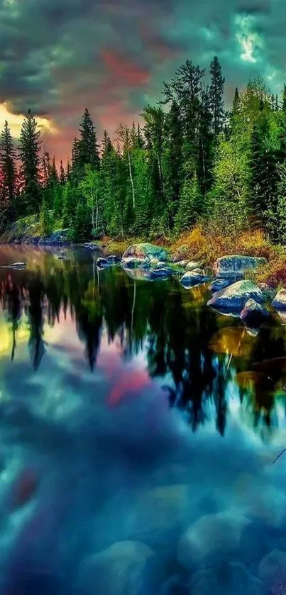 Serene forest lake with colorful sunset reflections.