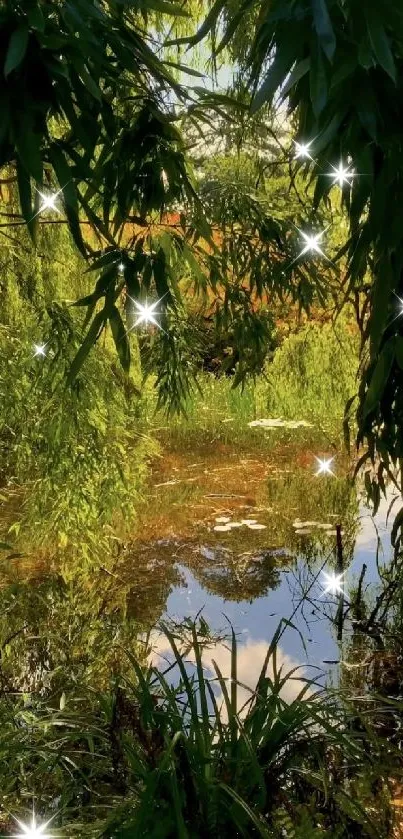 Serene view of a forest lake surrounded by lush greenery.