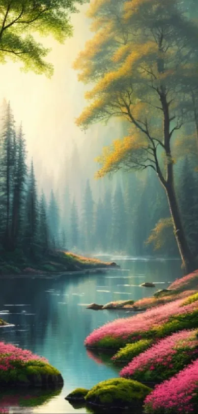 Tranquil forest scene with lake and owl.