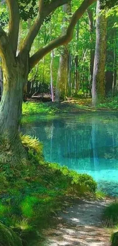 Majestic forest lake with lush greenery and tranquil waters.