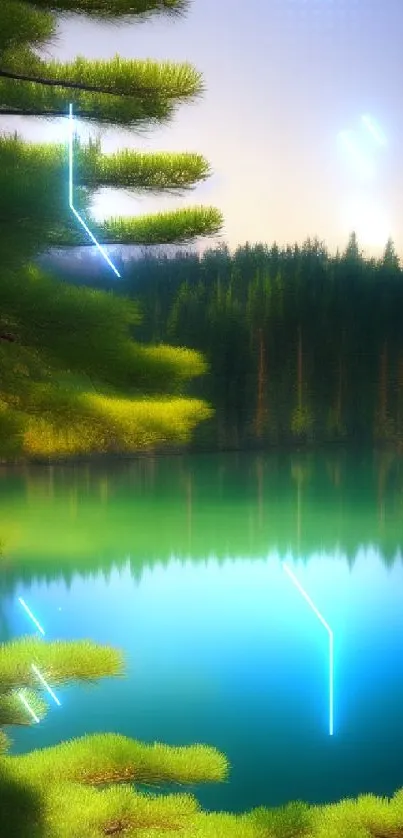 Serene forest lake mobile wallpaper with lush green hues.