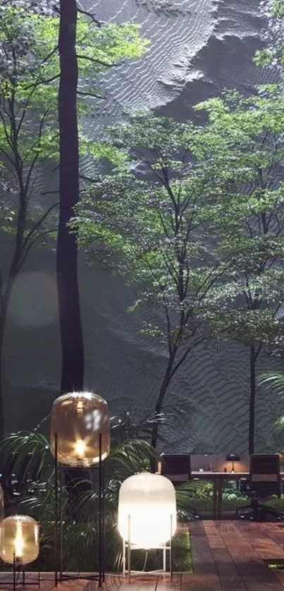 Serene forest path illuminated by ambient lamps at night.