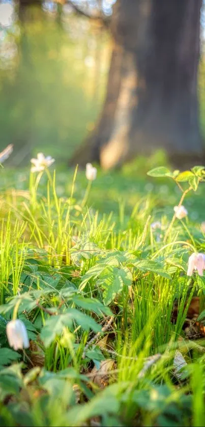 Sunlit forest meadow with flowers and towering trees.