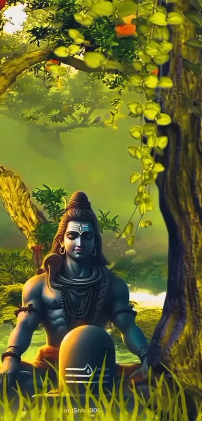 Meditative figure in lush forest setting with greenery.