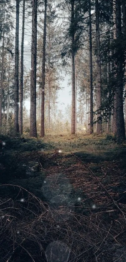 Tranquil forest scenery in the woods with tall trees.