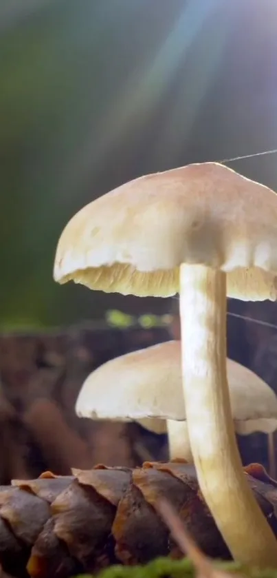 Mushrooms in a sunlit forest scene, capturing a serene natural setting.