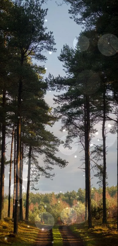 Tall pine trees lining a tranquil forest path at sunrise.