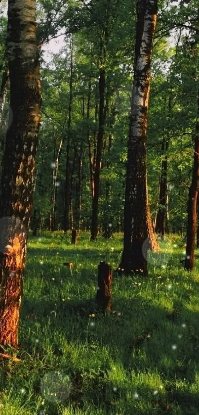 Peaceful forest with sunlit path and tall trees.