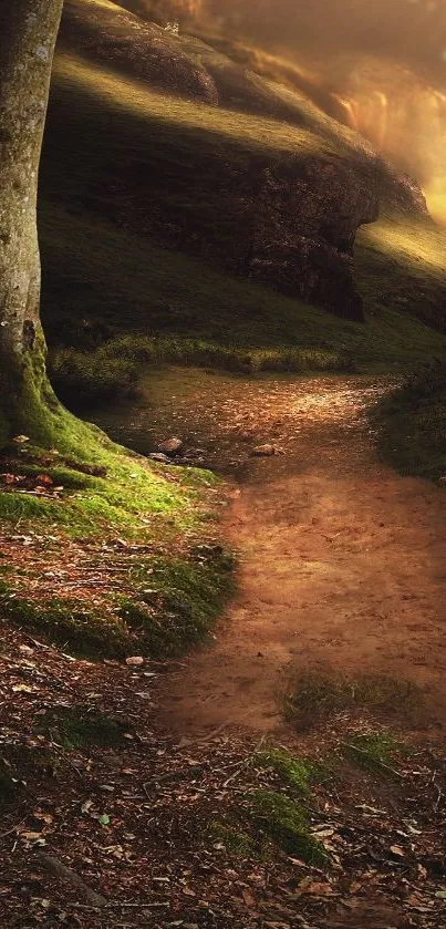 Tranquil forest path with sunlight on a mobile wallpaper.