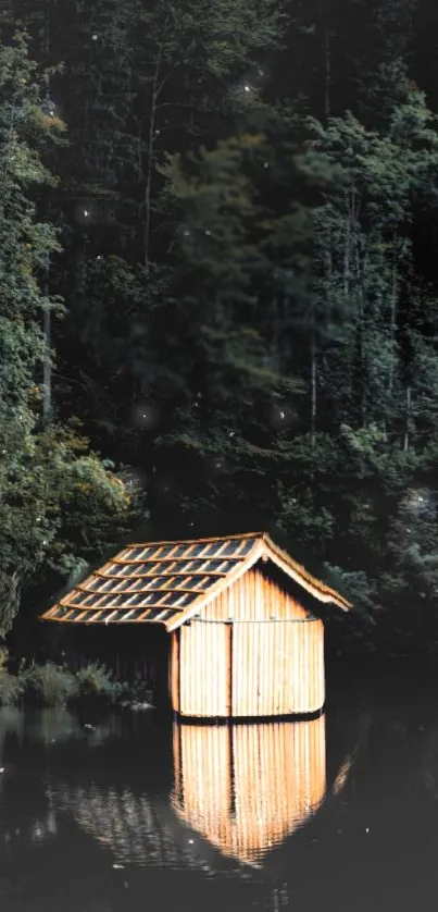 Wooden hut reflecting in a tranquil forest lake under a starlit sky.