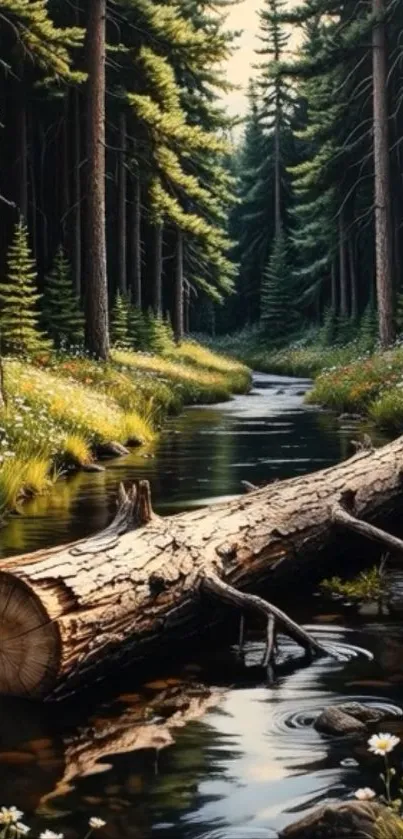 Serene forest river with lush trees and flowing water.